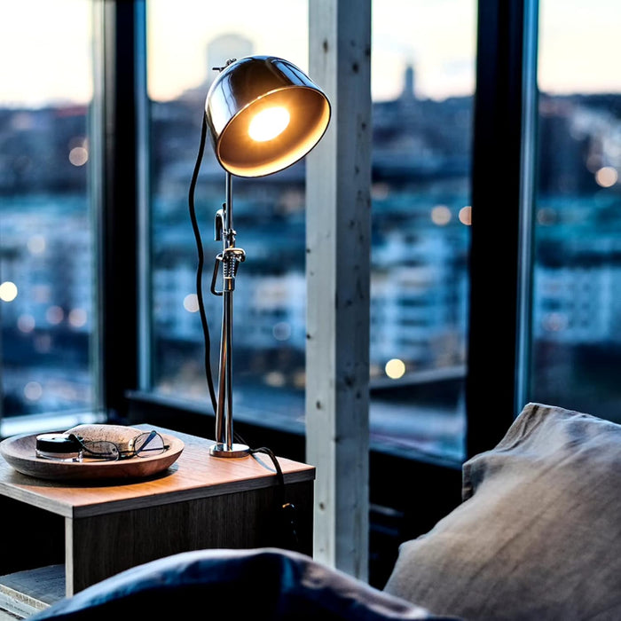 IKEA  BRIMNES Bedside table, black, 39x41 cm  with Clamp table lamp, stainless steel