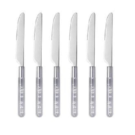 Set of six silver knives with transparent handles on a white background