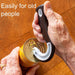 Person using a can opener on a can with text 'Easily for old people' on a wooden surface.