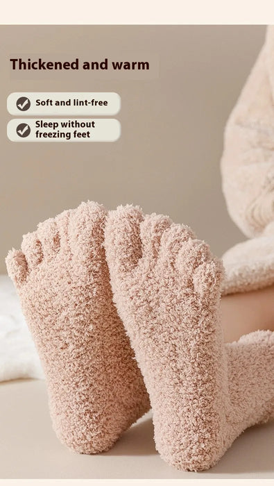 Pair of thick, warm socks worn on feet with text indicating features like softness and warmth.