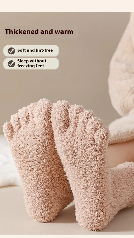 Pair of thick, warm socks worn on feet with text indicating features like softness and warmth.