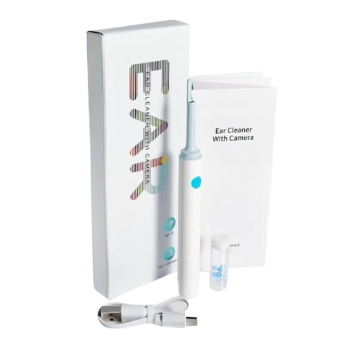 white Wi-Fi visual ear scoop endoscope set—includes a black ear cleaner with blue control button and camera-equipped tip, a compact white storage box labeled “EAR CLEANER WITH CAMERA,” user manual, USB charging cable, and a small clear container holding multiple ear picks—designed for hygienic, at-home ear inspection and cleaning via smartphone connectivity – 1598453325969 12862661.