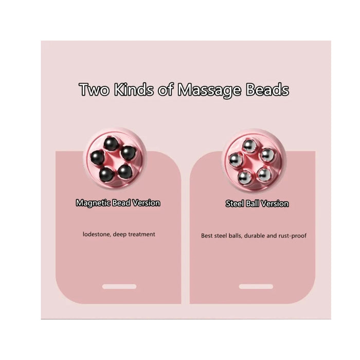 Two types of massage beads on a pink card with text describing each version.