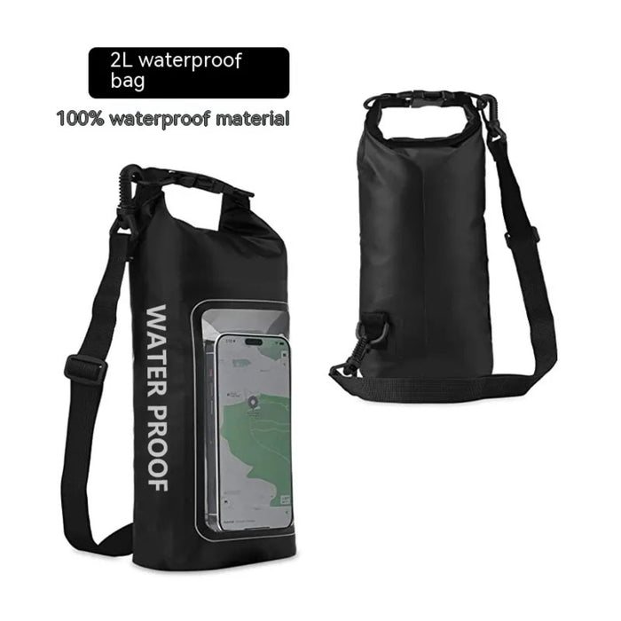 Black waterproof bag with phone pocket on a white background