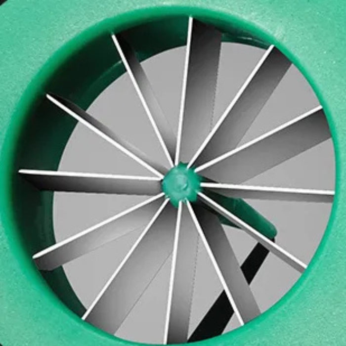 Green vegetable cutter with radial stainless steel blades and inset showing coring mechanism – ergonomic handle with hanging hole – 1598451114240 13941221