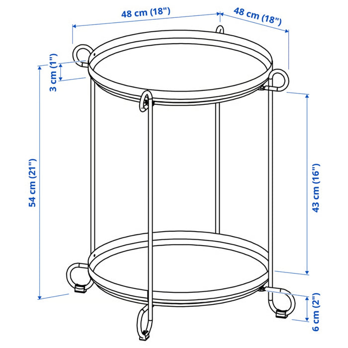 Measurement chart of a round metal table with dimensions labeled.