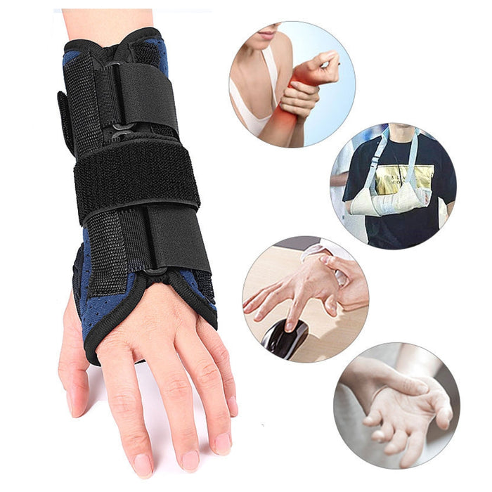 Hand with blue and black wrist brace, showing its use on a white background.