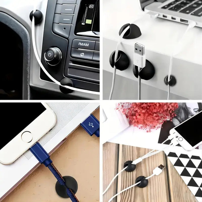 Cable Organizer Clips – 5pcs Black TPR, Single-Hole Buckle Design, collage showing cable use in car, desk, and mobile charging