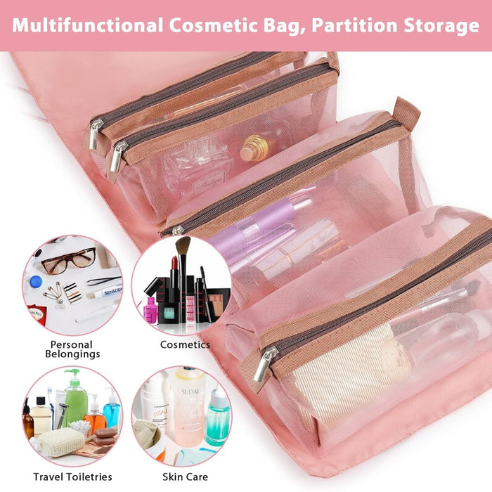 Digital Shoppy 4-in-1 Foldable Cosmetic Bag – Detachable Mesh Pouches for Women – Pink