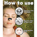 Woman lying on grass with black nose patch, illustrated guide showing steps for proper application