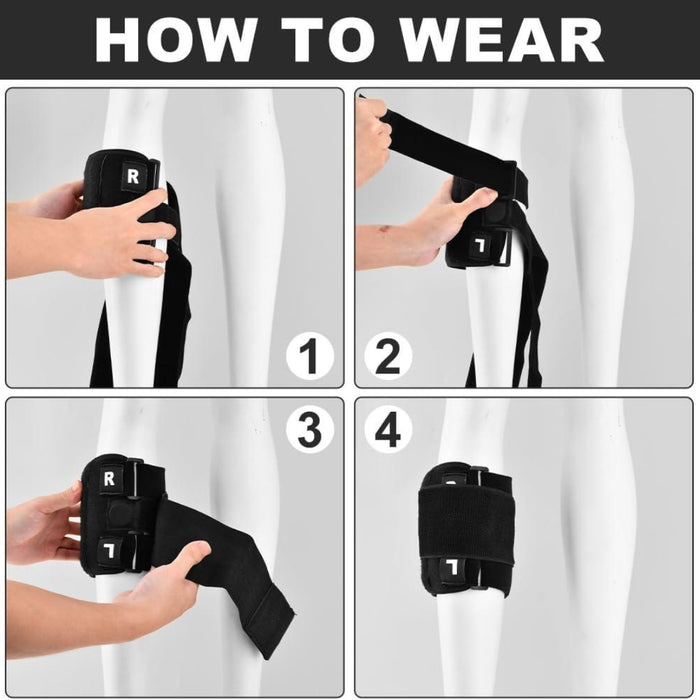 Instructional guide “HOW TO WEAR” showing four-step sequence to wrap and secure brace with R/L labels