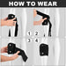 Instructional guide “HOW TO WEAR” showing four-step sequence to wrap and secure brace with R/L labels