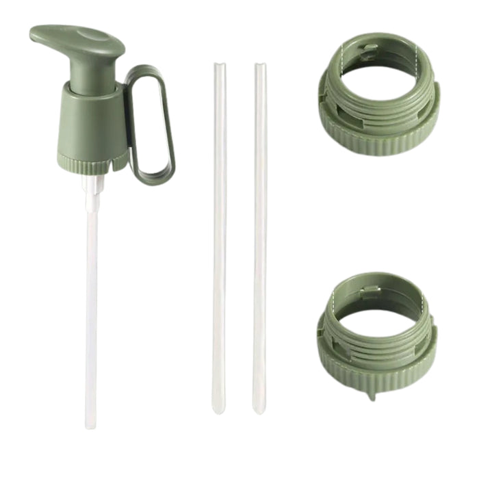 Green plastic bottle components including a pump, cap, and straws on a white background