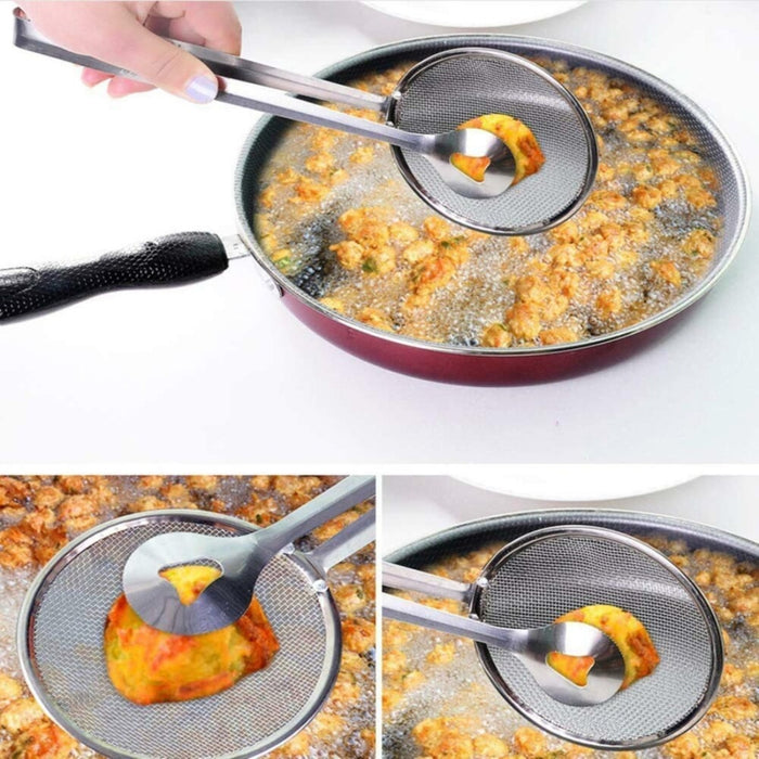 Frying pan with food being lifted out using a strainer and tongs on a white background.