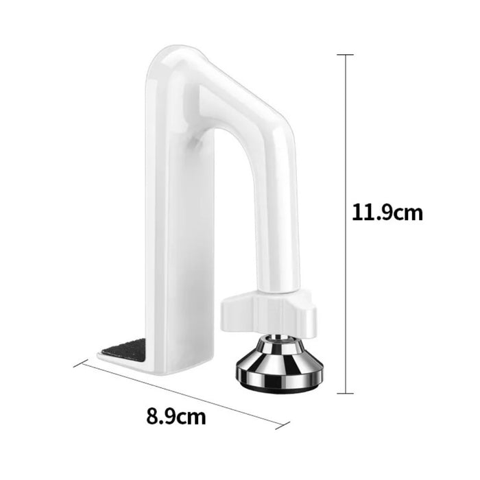 Anti-theft door stopper—white top with metal base and rubber grip shown with product dimensions: 11.9 cm height and 8.9 cm length; compact, wedge-style security device suitable for travel and home use – 1600003772922 13245865.