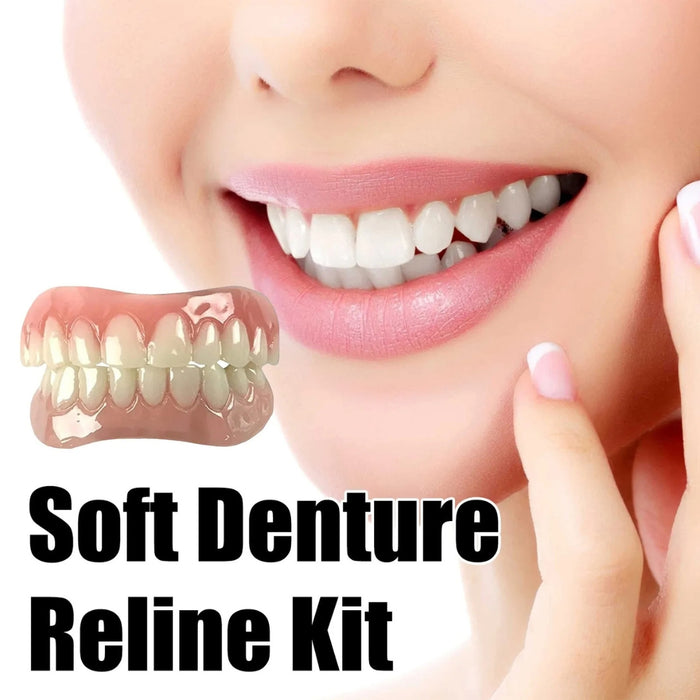 Promotional graphic showing bright smile and dentures, highlighting aesthetic improvement and reline benefits