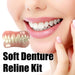 Promotional graphic showing bright smile and dentures, highlighting aesthetic improvement and reline benefits