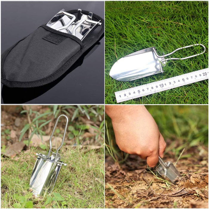 Stainless steel garden shovel – collage showing folded shovel, 22 cm scale, and digging application