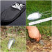 Stainless steel garden shovel – collage showing folded shovel, 22 cm scale, and digging application