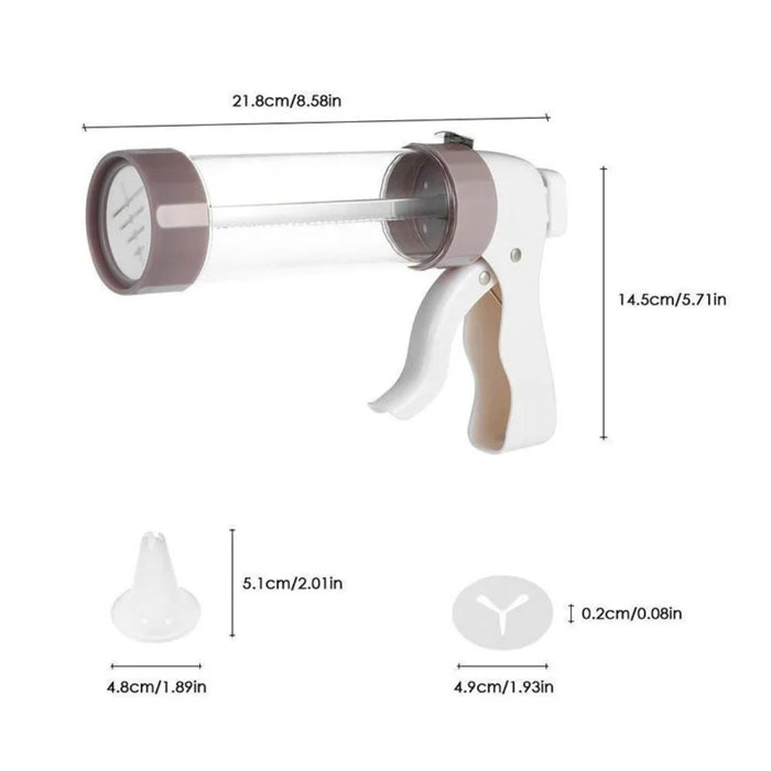 Measurement chart of a caulking gun with dimensions labeled.