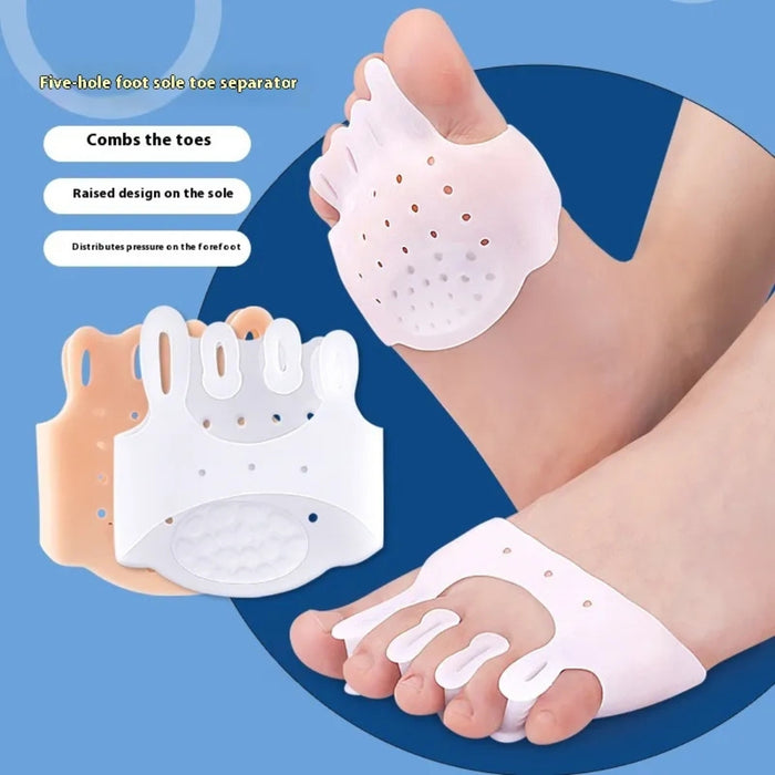 Product labeled “Five-hole foot sole toe separator” with raised sole design and toe alignment features