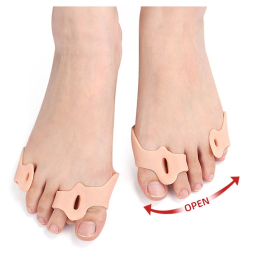 Bunion correctors on feet with a 'Open' arrow indicating movement.