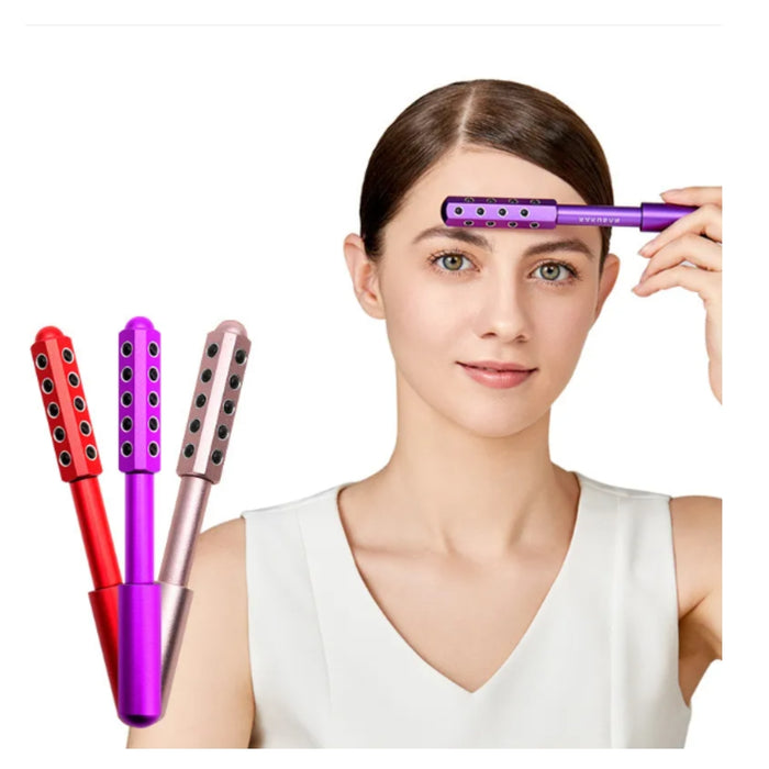 Woman holding a purple hair straightener with two additional hair straighteners displayed.