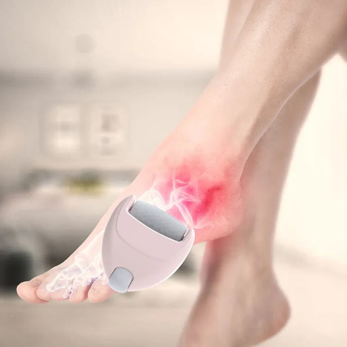 Heart-shaped ice roller – foot care device applied to heel with red irritation zone and light-emitting effect