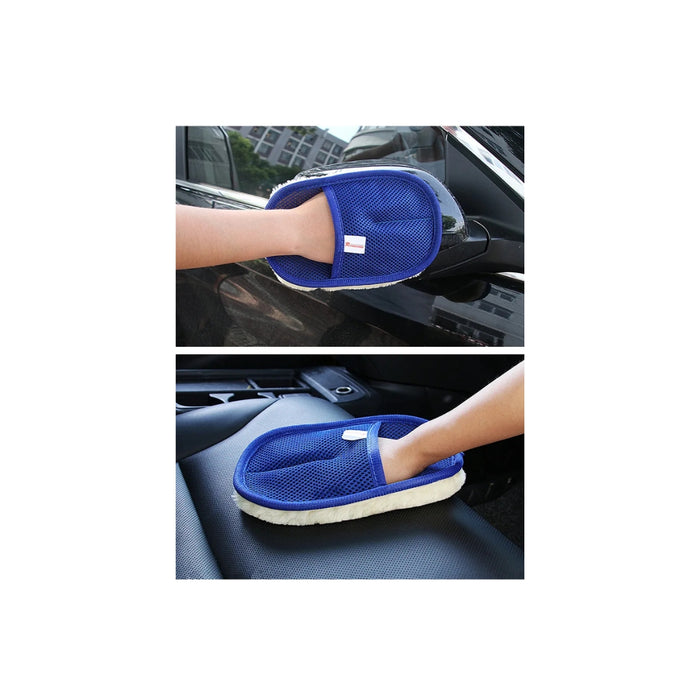 Blue microfiber cleaning mitt used for car cleaning on a white background