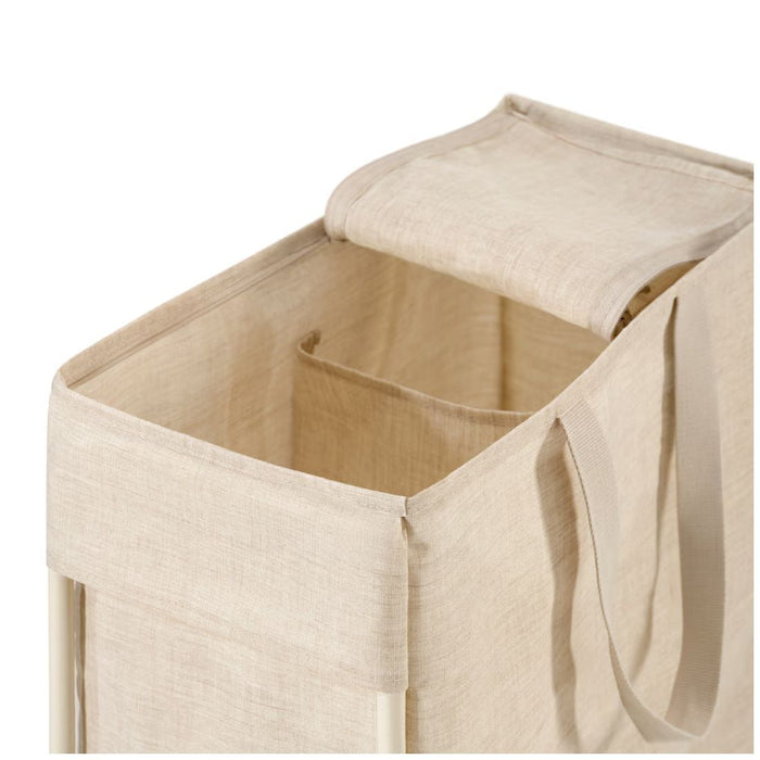 Beige fabric basket with a lid on a white background