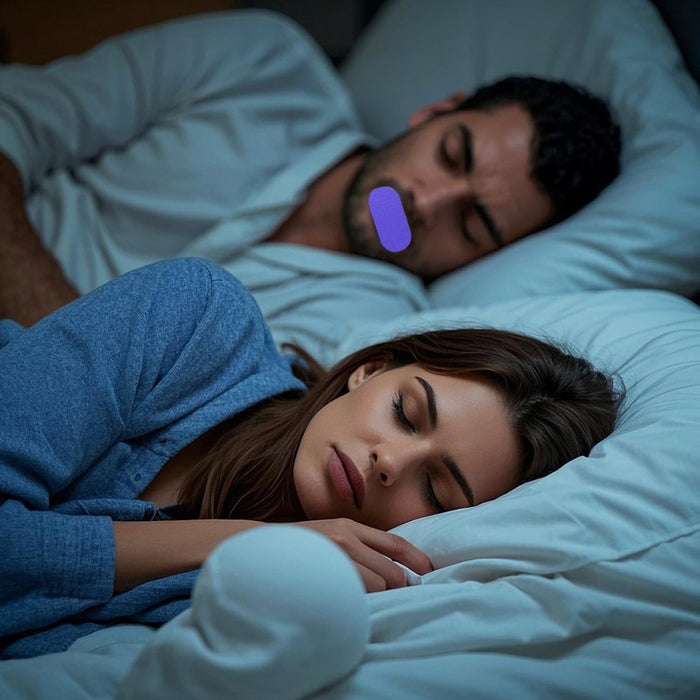 Couple sleeping side by side with purple mouth tape applied, suggesting nighttime snoring prevention
