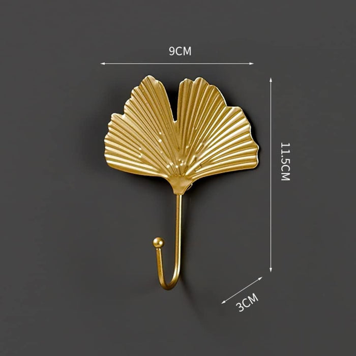 Gold ginkgo leaf hook – labeled dimensions: 9×11.5×3 cm for home organization