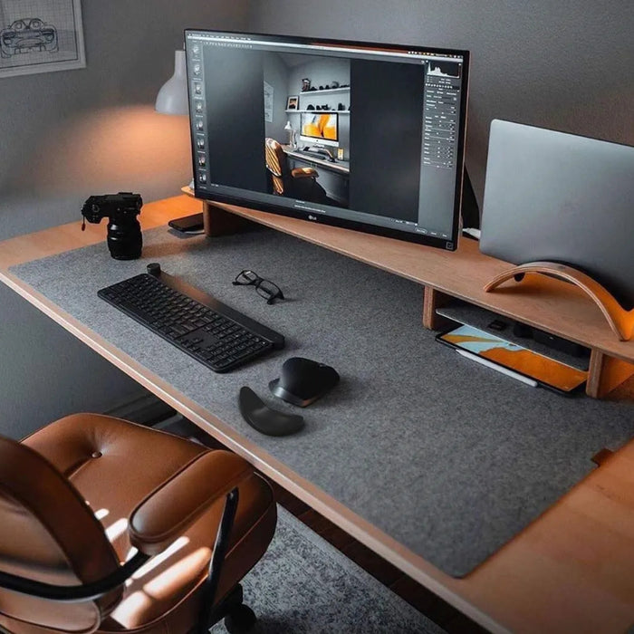 Modern desk setup with wrist rest, wireless mouse, and keyboard on felt mat – ergonomic accessories for productivity and comfort – 1598452347809 13936001