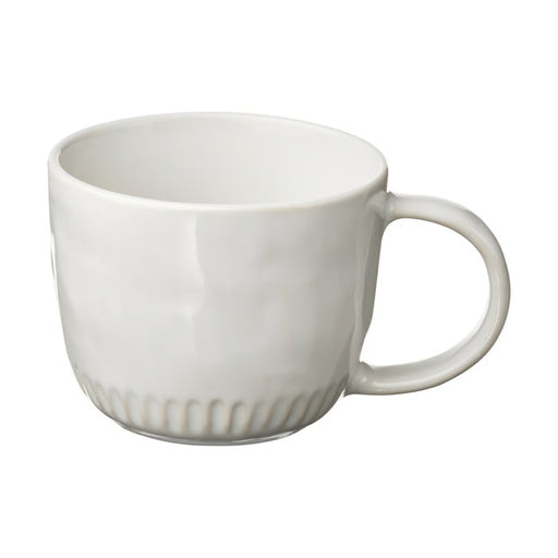 White ceramic mug with a subtle pattern on a white background