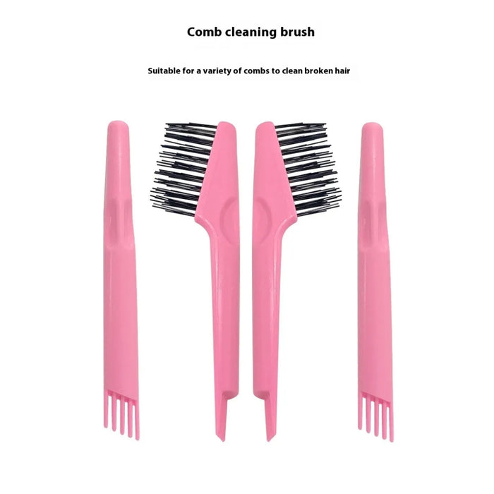Comb cleaning brush set—four identical units with pink handles, black bristles on one end, and comb-tooth scrapers on the other. Promotional text reads: “Comb cleaning brush – Suitable for a variety of combs to clean broken hair.” Each tool is designed for deep cleaning hairbrushes and combs.