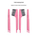 Comb cleaning brush set—four identical units with pink handles, black bristles on one end, and comb-tooth scrapers on the other. Promotional text reads: “Comb cleaning brush – Suitable for a variety of combs to clean broken hair.” Each tool is designed for deep cleaning hairbrushes and combs.