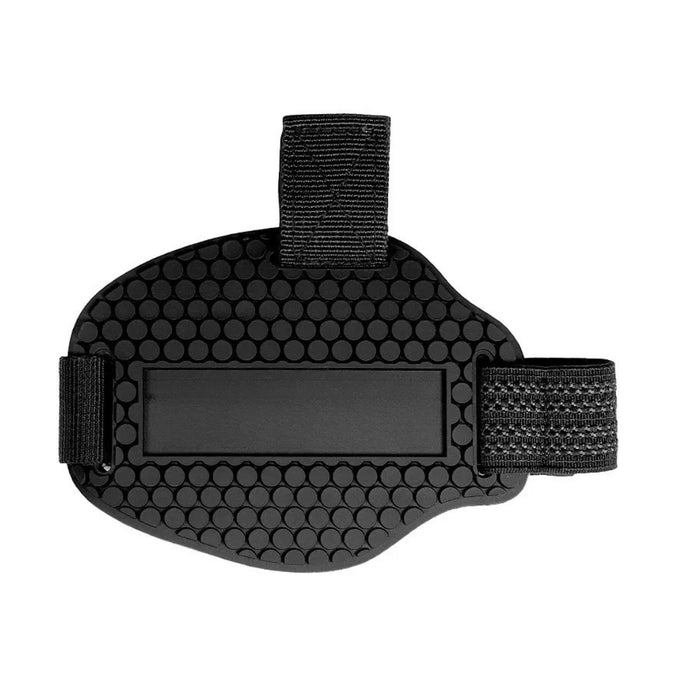 Black textured arm guard with straps on a white background