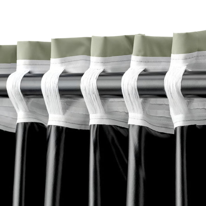 BENGTA block-out curtain, green, 210x250 cm. Pleated panel with heading tape hung from white ceiling-mounted rod using hooks – smooth fabric blocks light – 60602164.