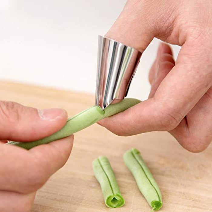 Metal finger sheller tool used to trim green beans – conical design for efficient vegetable stringing and prep – 771727