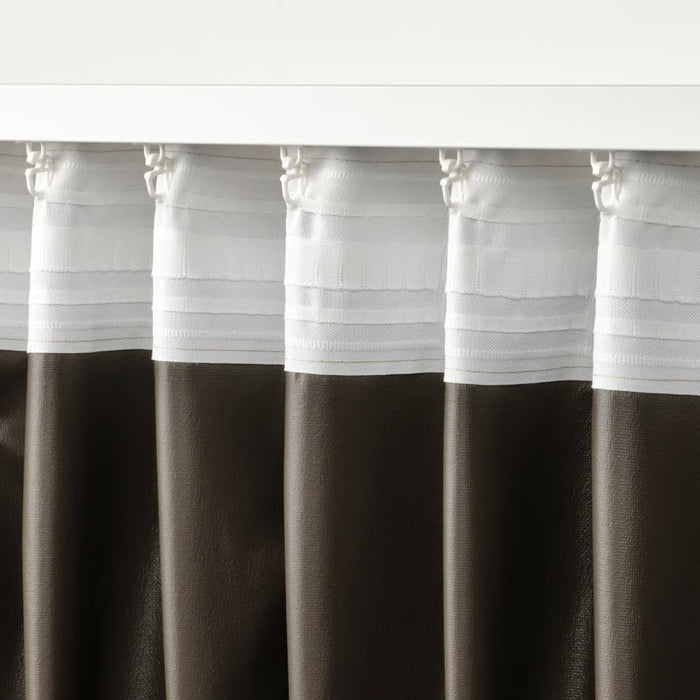 Brown and white striped curtain with sheer top panel