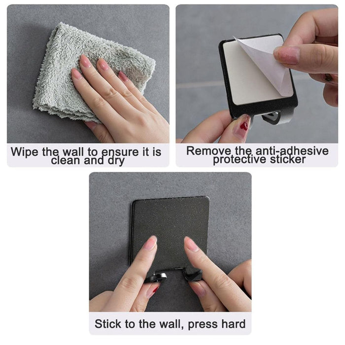 Three-step guide showing how to clean, peel, and apply adhesive wall hook