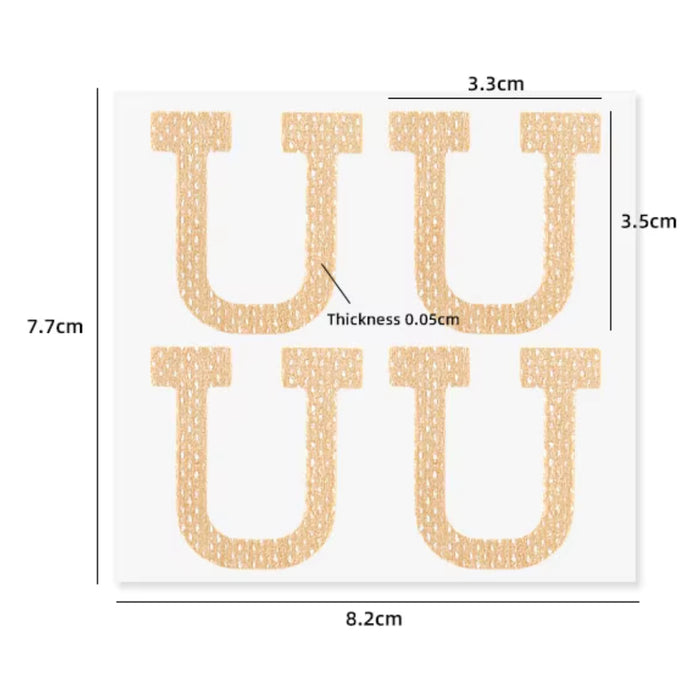 Digital Shoppy gold U‑shape toenail correction patch sheet with measurements showing size and thickness