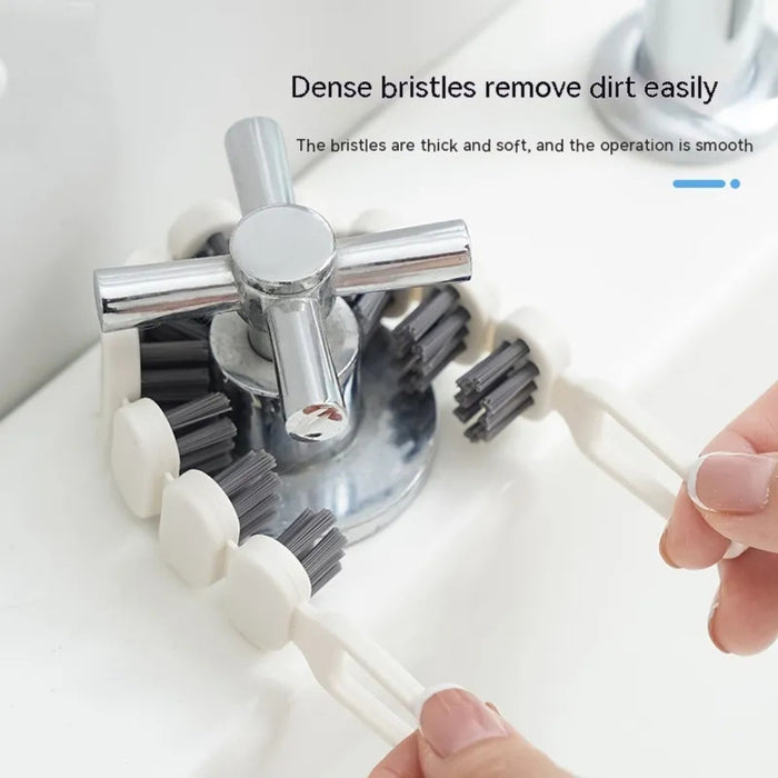 Circular brush tool with thick, soft bristles scrubbing around faucet base – designed for smooth operation and effective dirt removal – 1600001512507 13955116