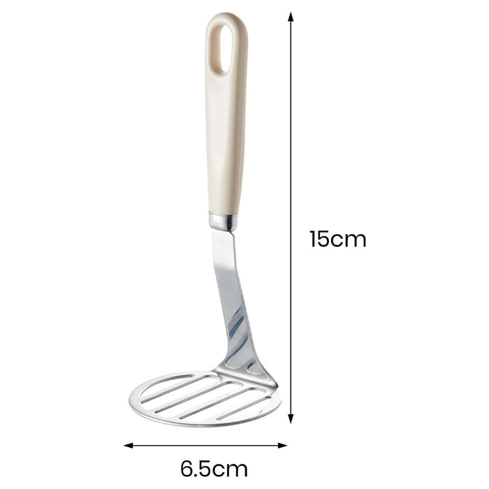 Stainless steel potato masher – labeled dimensions: 15 cm height, 6.5 cm mashing plate diameter