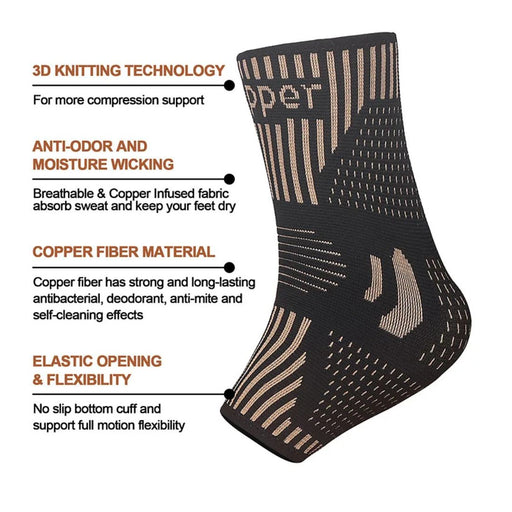 Copper-infused sock with features highlighted on a white background
