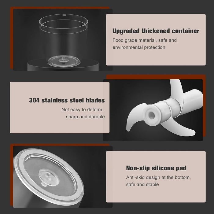 Technical details featuring the upgraded thickened food-grade container, 304 stainless steel blades, and a non-slip silicone pad.