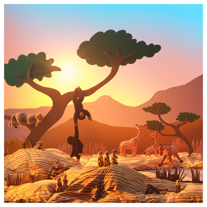 Stylized savannah scene with meerkats, giraffes, and gorillas, featuring SANDLÖPARE chimpanzee toys integrated into playful wildlife setting