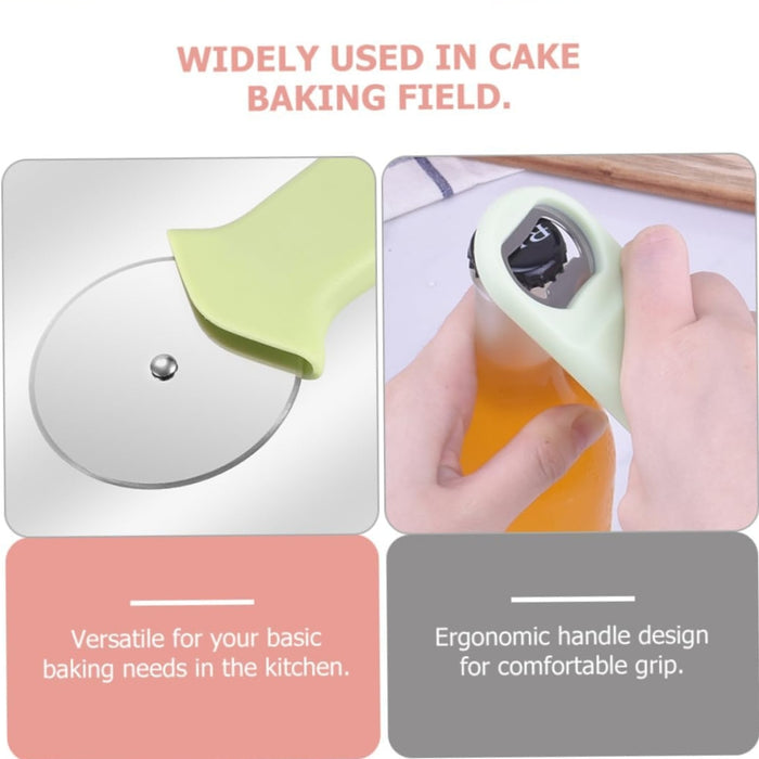 Green pizza cutter with circular blade and bottle opener shown slicing dough and opening bottle cap – ergonomic handle for baking tasks – 1600000037418 14006653