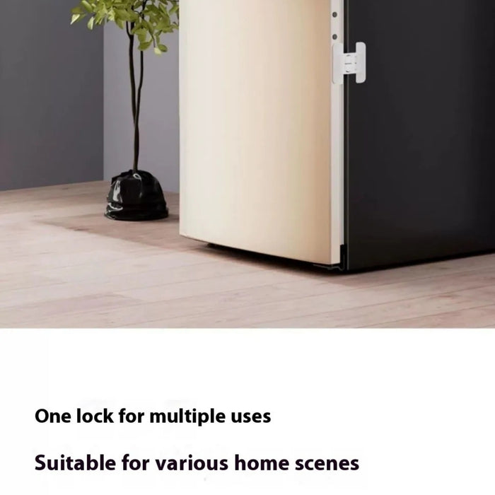 Lock on a door with a plant and black container on a wooden surface.