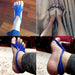 Blue toe orthosis – collage of flexible web-like foot accessory worn indoors for therapeutic and minimalist use
